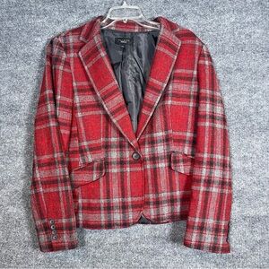 Talbots Womens 14 Red Plaid Wool Blend Lined Blazer Single Breasted Button‎